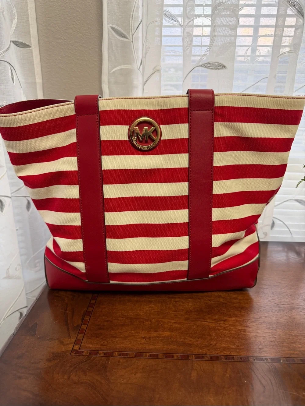 Michael Kors Red and Cream Striped Canvas Tote with Gold MK Emblem